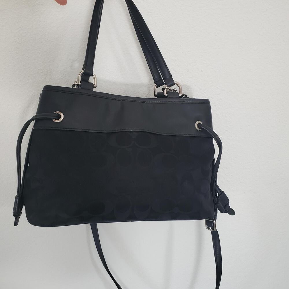 Coach Mini Drawsting Carryall Bag Signature Black Logo Leather Crossbody Purse - Picture 5 of 14